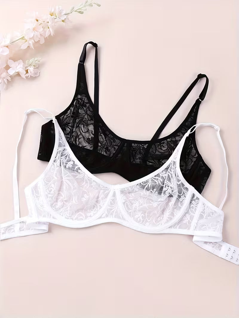 Plus Size Lace Bra for Women – Underwire Support, Hollow Out Design & Delicate Embroidery Lingerie
