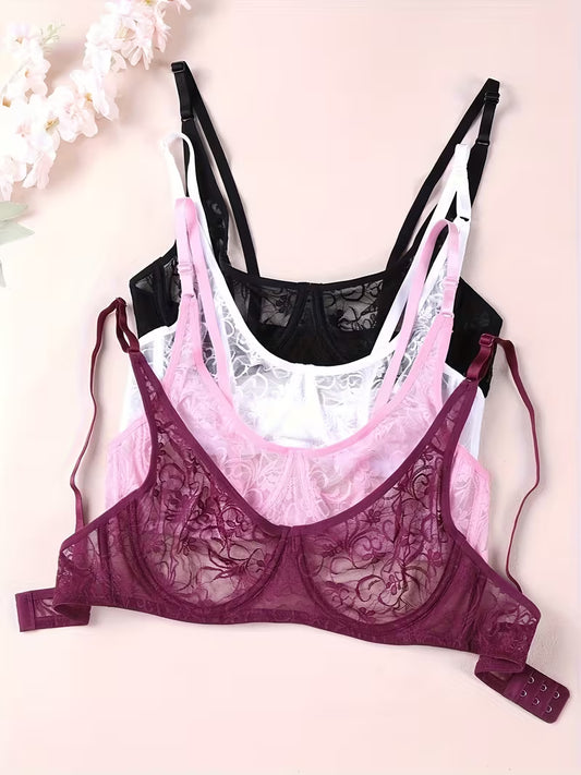 Plus Size Lace Bra for Women – Underwire Support, Hollow Out Design & Delicate Embroidery Lingerie