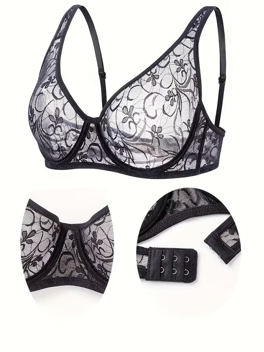 Plus Size Lace Bra for Women – Underwire Support, Hollow Out Design & Delicate Embroidery Lingerie
