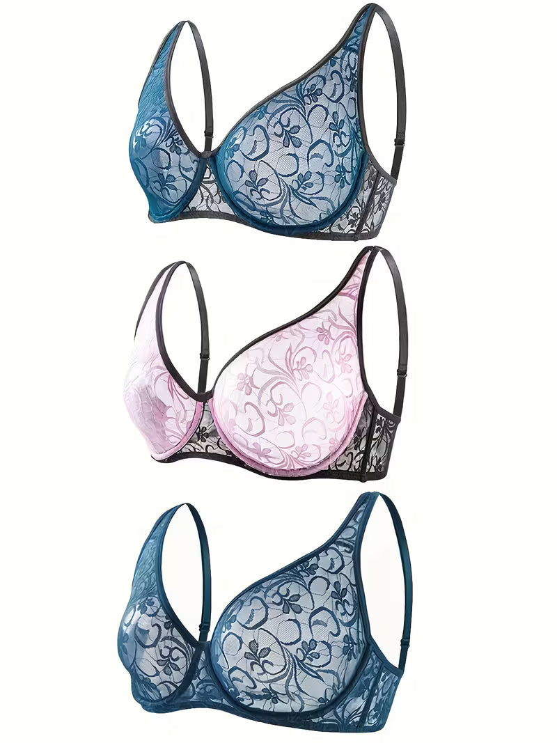Plus Size Lace Bra for Women – Underwire Support, Hollow Out Design & Delicate Embroidery Lingerie