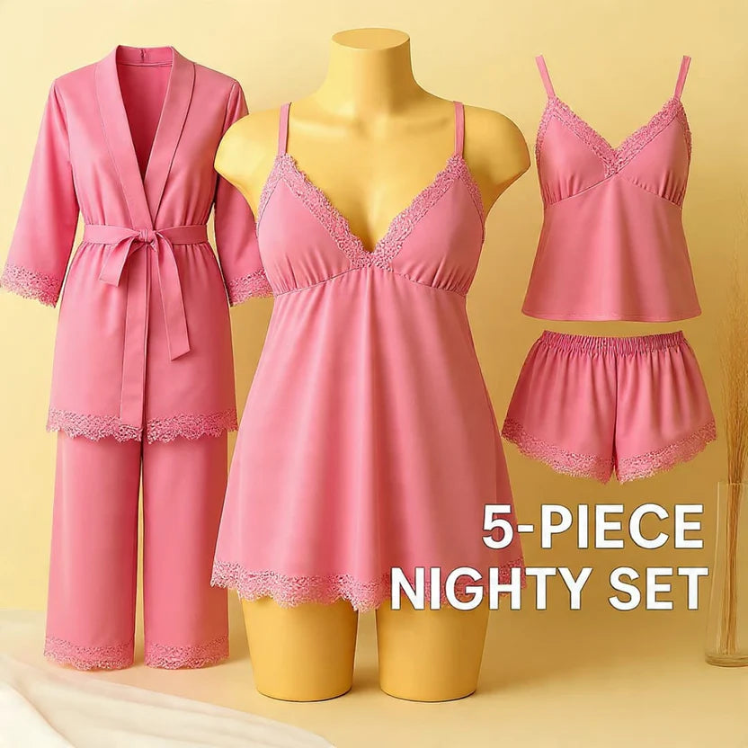 5 pcs nighty set (short , pajama , shirt , long shirt , gown)👗