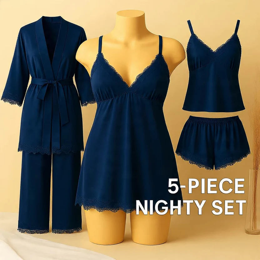 5 pcs nighty set (short , pajama , shirt , long shirt , gown)👗