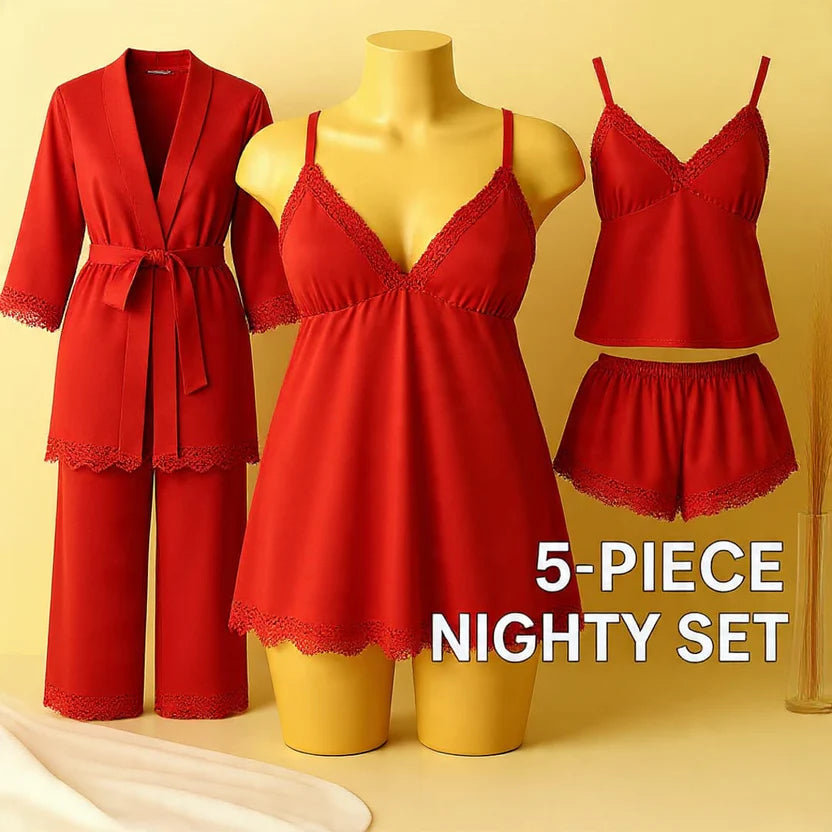5 pcs nighty set (short , pajama , shirt , long shirt , gown)👗