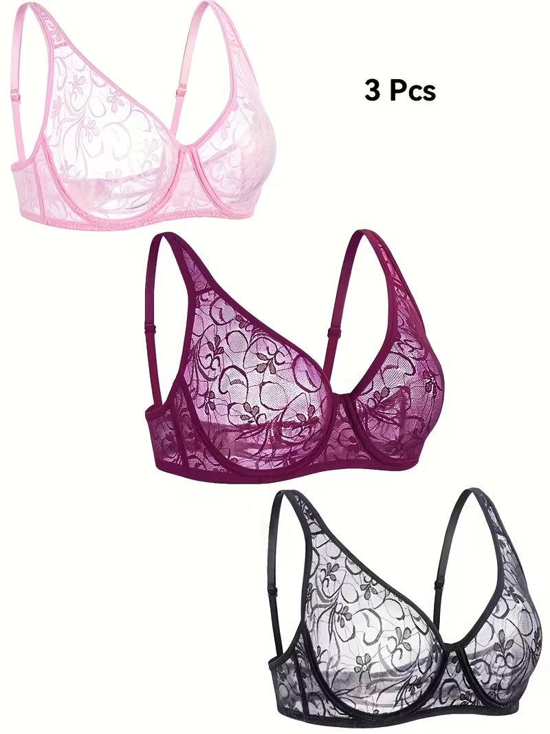 Plus Size Lace Bra for Women – Underwire Support, Hollow Out Design & Delicate Embroidery Lingerie