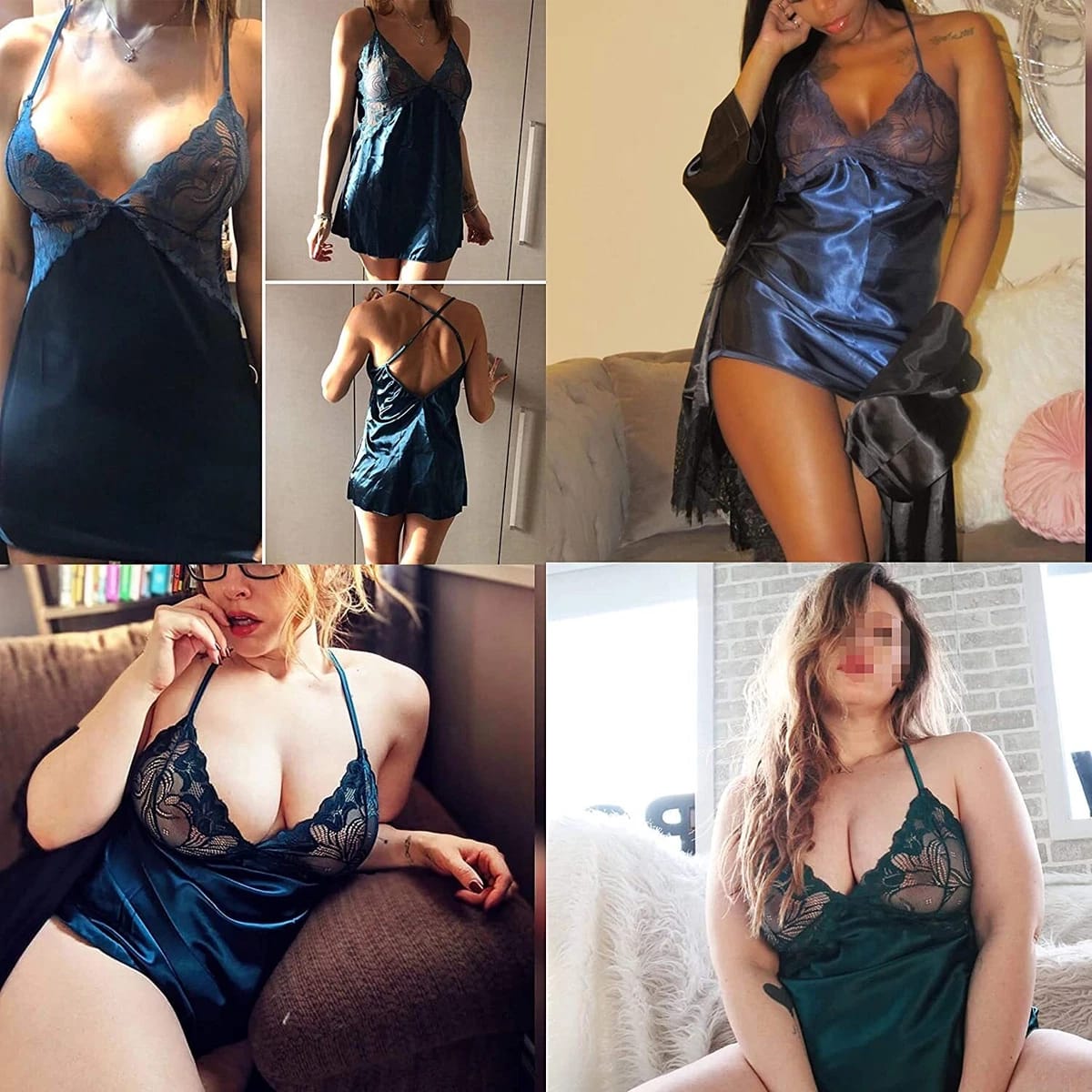 Women Sexy-Lingerie Satin Lace Chemise Nightgown Silk Babydoll Sleepwear Dress