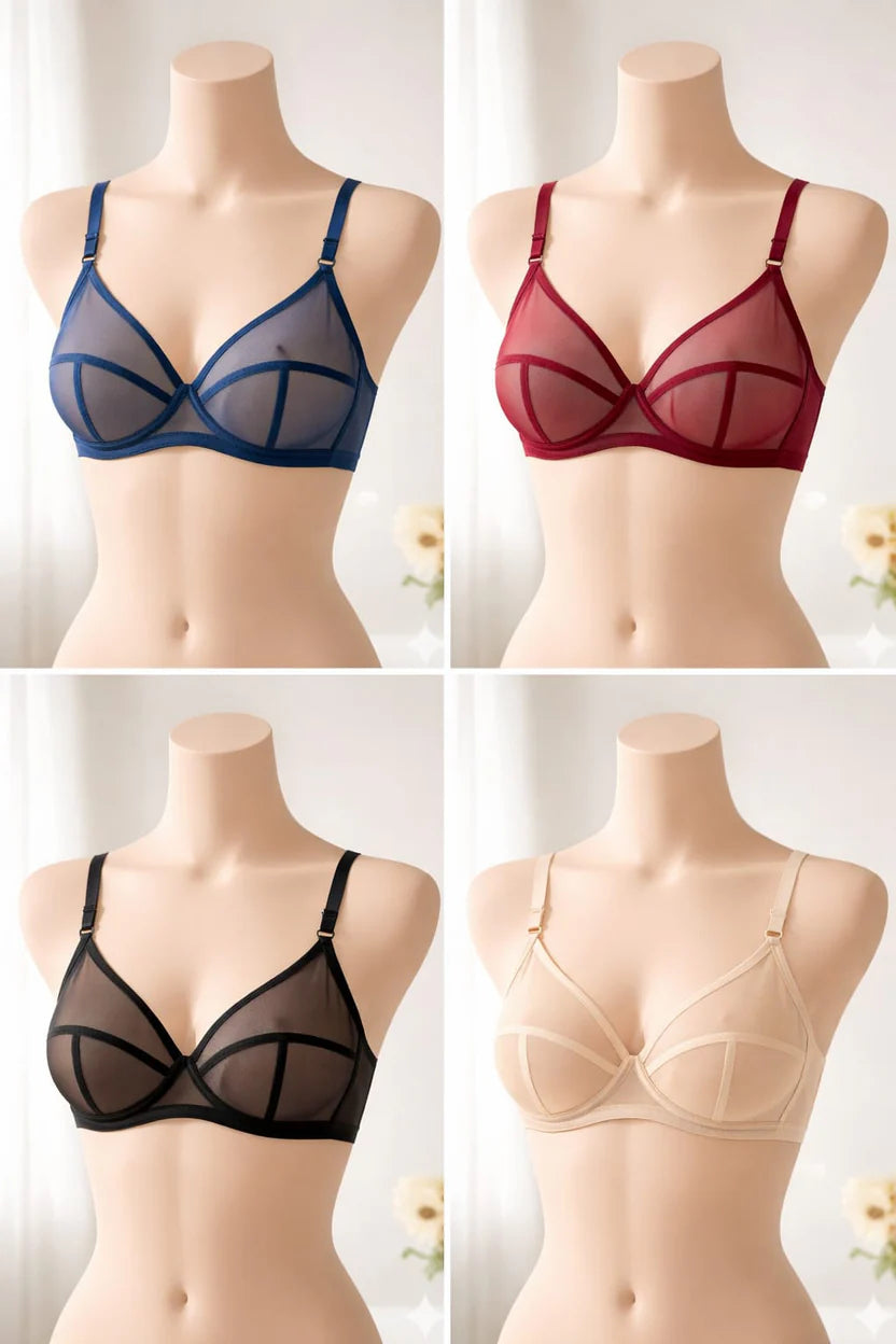 Pack of 4 Non-Padded & Non-Wired Full Net Transparent Cotton Bras - 4 Colors